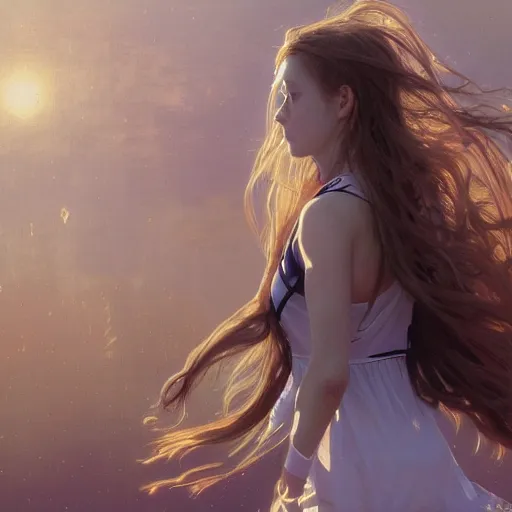 Image similar to a girl is running, sport clothing, sport anime, long hair, hair down, symmetrical facial features, from arknights, hyper realistic, highly detailed, rule of thirds, extreme detail, detailed drawing, trending artstation, realistic lighting, sport magazine, by alphonse mucha, greg rutkowski, sharp focus, backlit, real faces, realistic anatomy