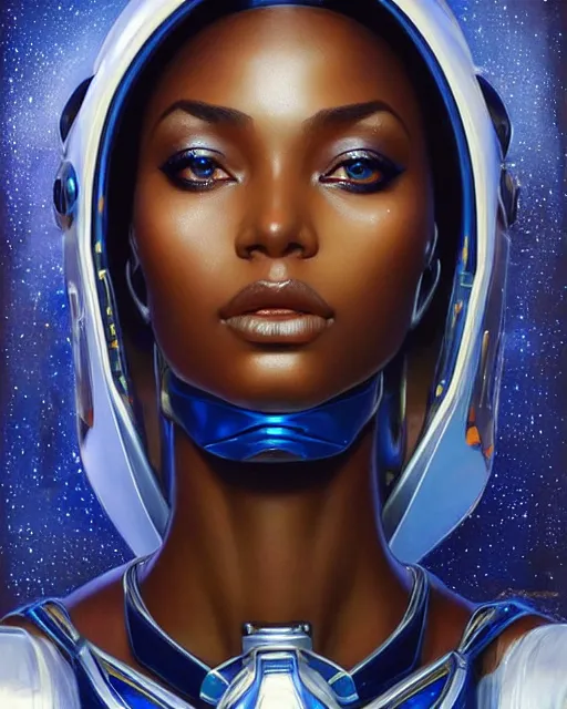 Image similar to Portrait of very very very very very very beautiful african woman, spacesuit, futuristic cybernetic helmet, blue eyes, real life skin, intricate, elegant, highly detailed, artstation, concept art, smooth, sharp focus, art by artgerm and greg rutkowski and alphonse mucha