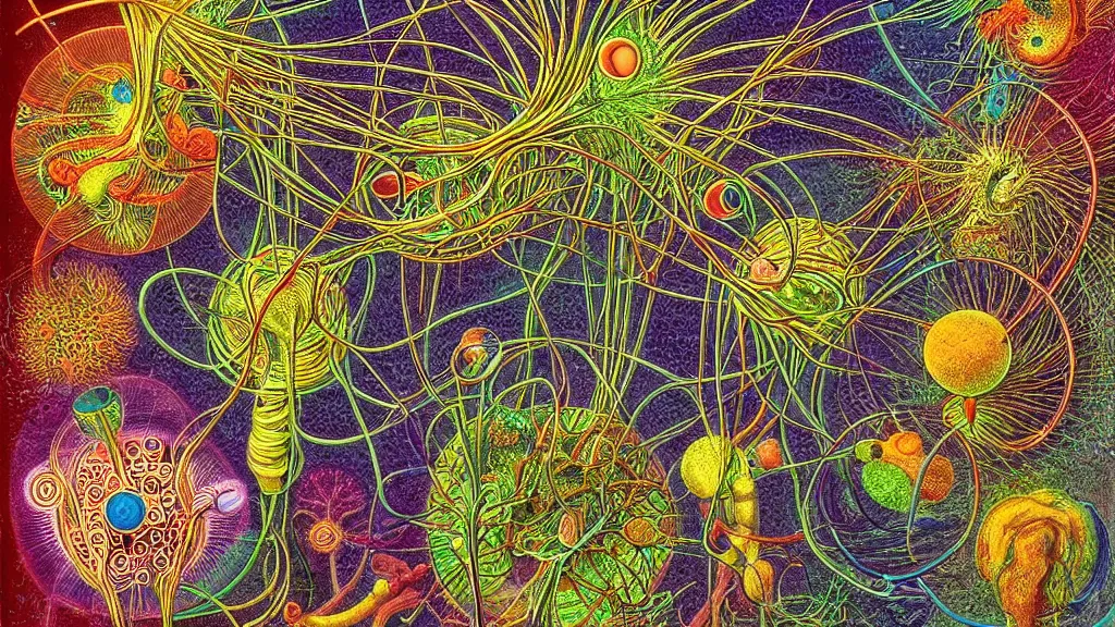 Image similar to quantum connections represented as symbiotic organisms like cells playing around with colorful lights by ernst haeckel, very very very good