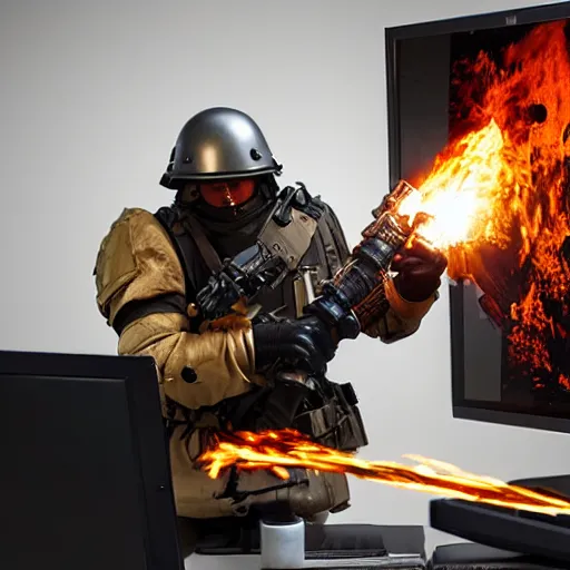 Image similar to angry man in juggernaut armor burning a desktop tower pc with a military flamethrower