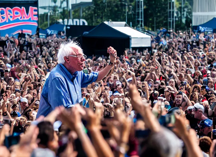 Prompt: photo still of bernie sanders at vans warped tour!!!!!!!! at age 8 0 years old 8 0 years of age!!!!!!! stage diving into a crowd, 8 k, 8 5 mm f 1. 8, studio lighting, rim light, right side key light