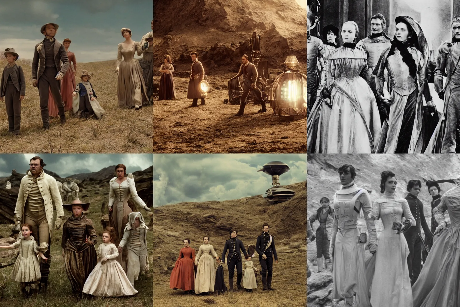 Prompt: sharp, 35mm still from a sci fi blockbuster movie made in 222, set in 1860, of a family leaving a spaceship, that has just landed on an alien planet, wearing 1850s era clothes, cinematic lighting, 4k, in focus faces, oscar winner, high quality photography