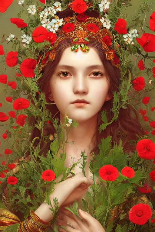 Image similar to breathtaking detailed concept art painting of the goddess of poppy flowers, orthodox saint, with anxious, piercing eyes, ornate background, amalgamation of leaves and flowers, by hsiao - ron cheng, extremely moody lighting, 8 k