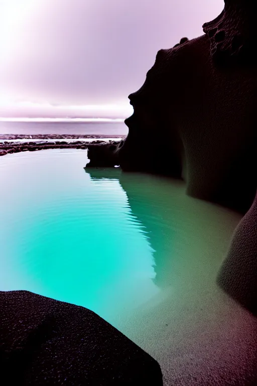 Image similar to high quality pastel coloured film mid angle docu photograph of a beautiful young 2 0 year old male, soft features, short black hair, swimming in an icelandic black rock pool environment. atmospheric. three point light. photographic. art directed. ( pastel colours ). volumetric light. clearcoat. waves glitch. 8 k. filmic.