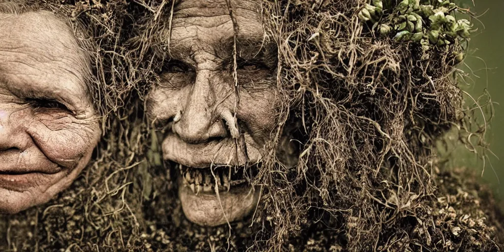 Prompt: old _ alpine _ female farmers _ head _ being _ overgrown _ by _ edelweiss _ roots growing from face _ turning into a hay krampus monster _ dolomites _ smiling _ dark _ vintage photography _ eerie _ despair _ portrait _ photography _ artstation _ digital _ art _ adward _ winning _ smiling