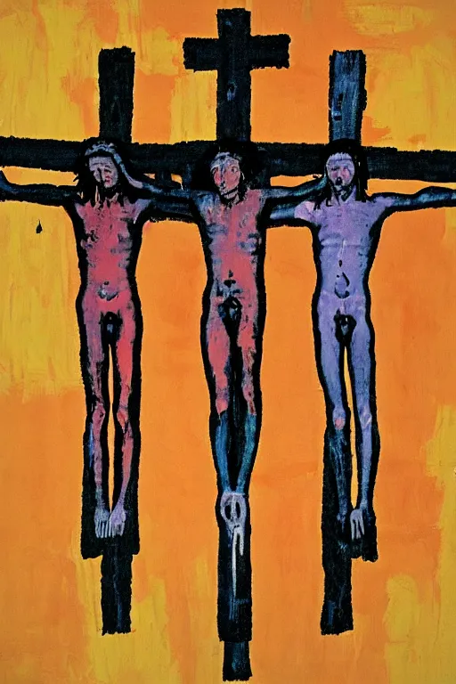 Prompt: jesus christ crucified painted by cy twombly, basquiat and andy warhol