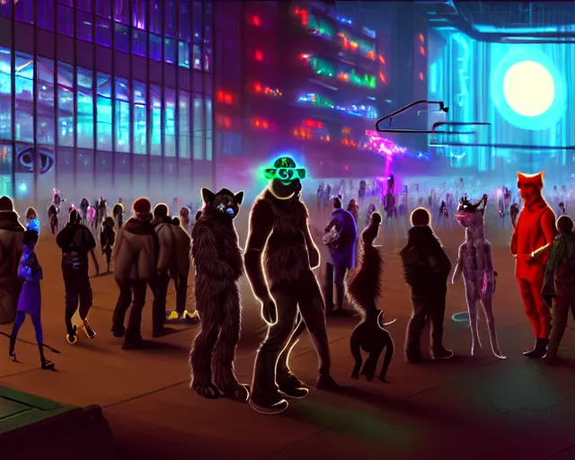 Image similar to high - resolution photograph from a cyberpunk era furry fandom convention ( midwest furfest 2 0 4 7 ), taking place after the genetic revolution and quantum singularity. photorealistic.