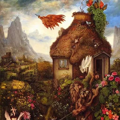 Prompt: an oil painting by giuseppe arcimboldo and ross tran of a rugged nature god with majestic angel wings standing in front of a beautiful cottage designed by thomas kincade