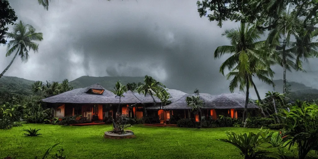 Prompt: atomic mushroom cloud over a Hawaiian villa in the middle of an tropical forest, ominous Sky, gloomy atmosphere, cinematic, mist, High definition, 8k, ultra detailed