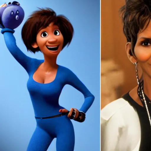 Image similar to halle berry as an anthropomorphic blueberry. pixar character