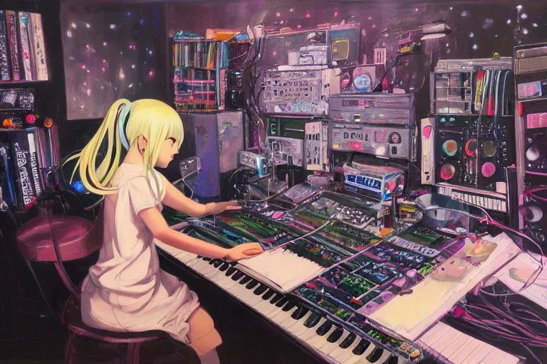 Prompt: painting of girl producing music, anime, cluttered, electronics, wire, dark lighting