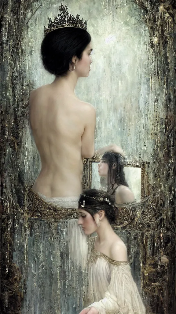 Image similar to secret view from behind wide mirror of a beautiful black haired woman with pale skin and a crown on her head sitted on an intricate metal throne, very deep stillness atmosphere, silence, dimension of still moment, spiritual feeling, digital art, by daniel ridgway knight