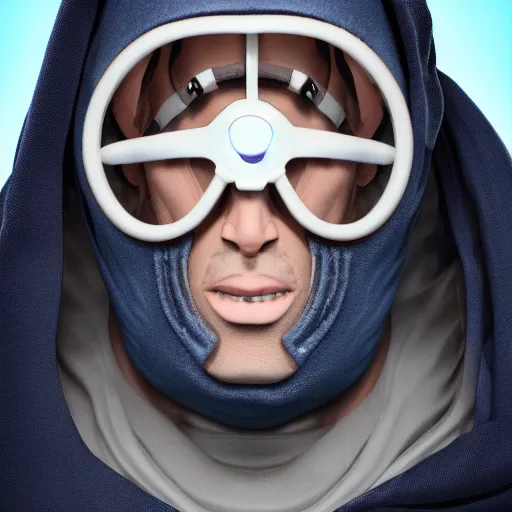 Image similar to a highly detailed, portrait of a man with black hair with a black medical mask, in a hood in the form of a blue shark with white teeth, artstation, DeviantArt, professional, octane render, digital art