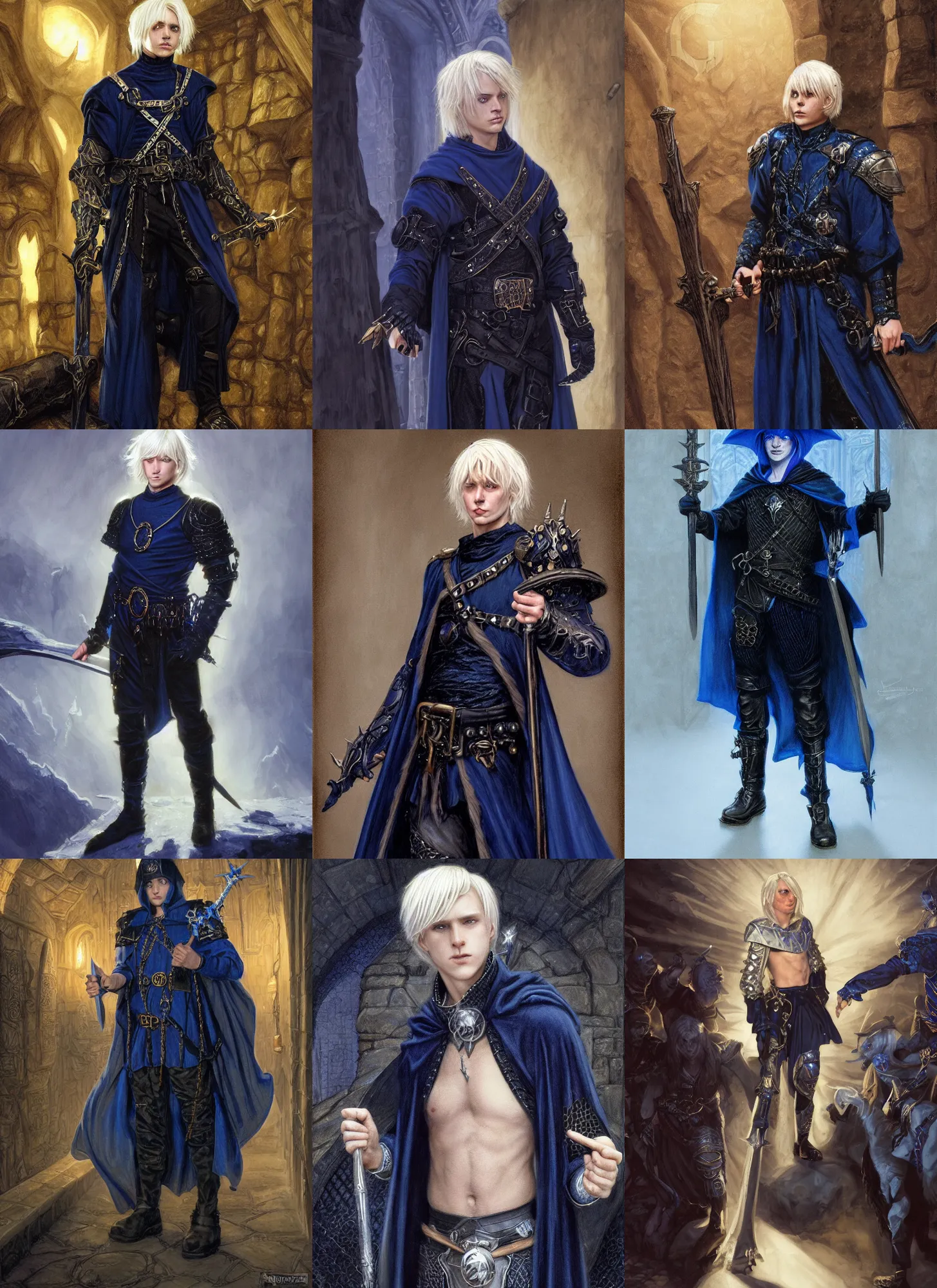 Prompt: a teenage white boy with platinum blonde hair, short to medium length hair, wearing dark blue and black medieval sorcerers attire, style by donato giancola, wayne reynolds, jeff easley dramatic light, high detail, cinematic lighting, artstation, dungeons and dragons