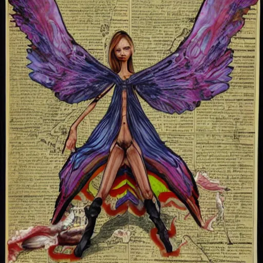 Image similar to A banshee with large and colorful wings kneels down by an old paper map while eating a piece of meat.