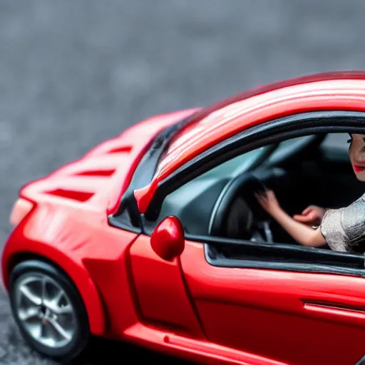 Image similar to a red haired woman driving a Jada toys mitsubishi eclipse green diecast car, high resolution macro photo, viewed through the cars window