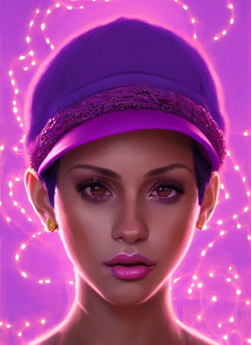 Prompt: portrait of vanessa morgan with bright pink hair, curly pixie cut hair, wearing a purple cap, breton cap, intricate, elegant, glowing lights, highly detailed, digital painting, artstation, concept art, smooth, sharp focus, illustration, art by wlop, mars ravelo and greg rutkowski