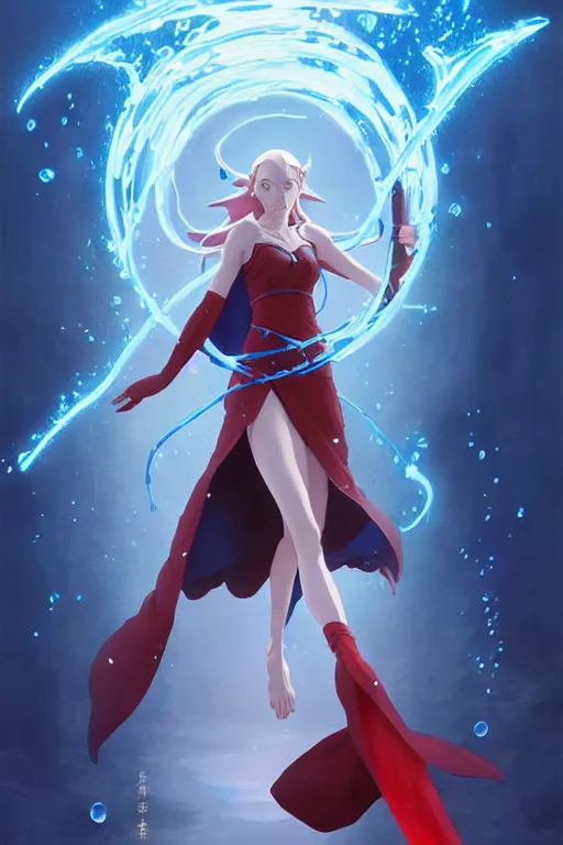 Image similar to elf female sorcerer doing water magic spells, blue robes, red hair, finely detailed perfect face, exquisite details, mid view, design on a white background, by studio muti, greg rutkowski makoto shinkai takashi takeuchi studio ghibli