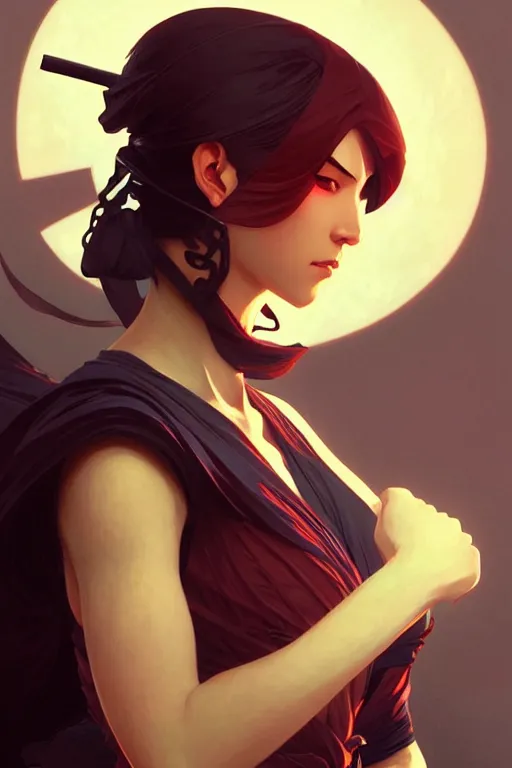 Image similar to a beautiful ninja woman, fantasy, portrait, sharp focus, intricate, elegant, digital painting, artstation, matte, highly detailed, concept art, illustration, ambient lighting, art by ilya kuvshinov, artgerm, Alphonse mucha, and Greg Rutkowski