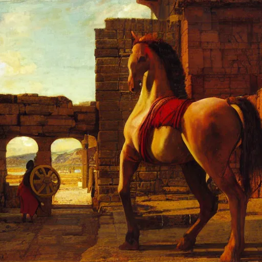 Prompt: the trojan horse outside the gates of troy in the style of john william waterhouse, oil on canvas, 4 k resolution