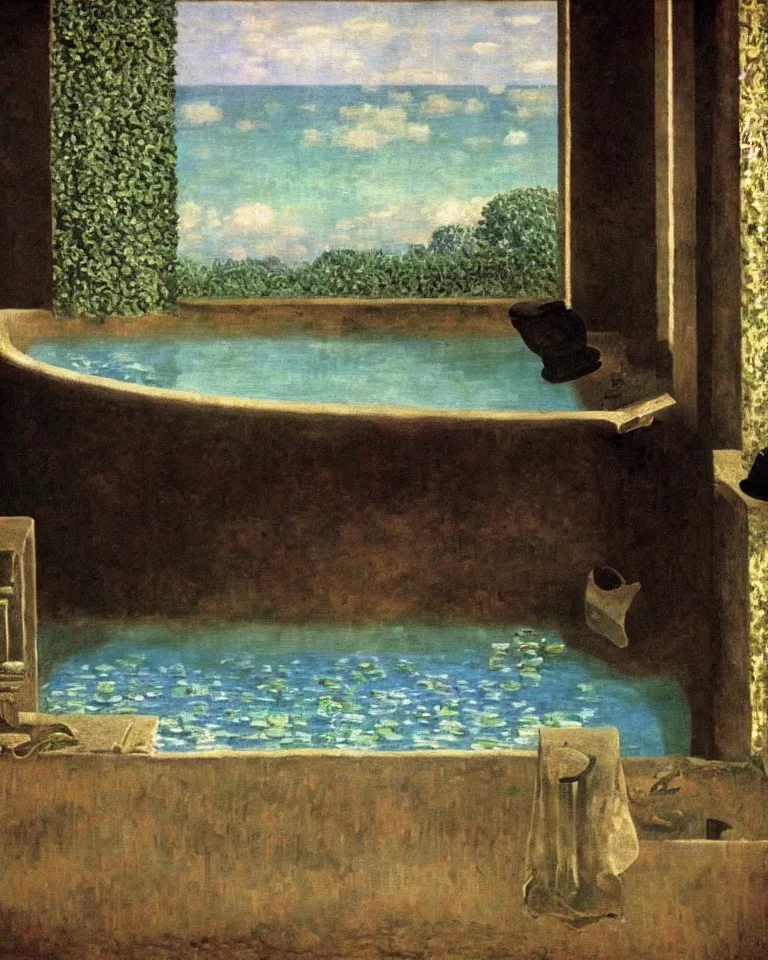 Prompt: achingly beautiful painting of an ancient roman bathtub by rene magritte, monet, and turner. piranesi.