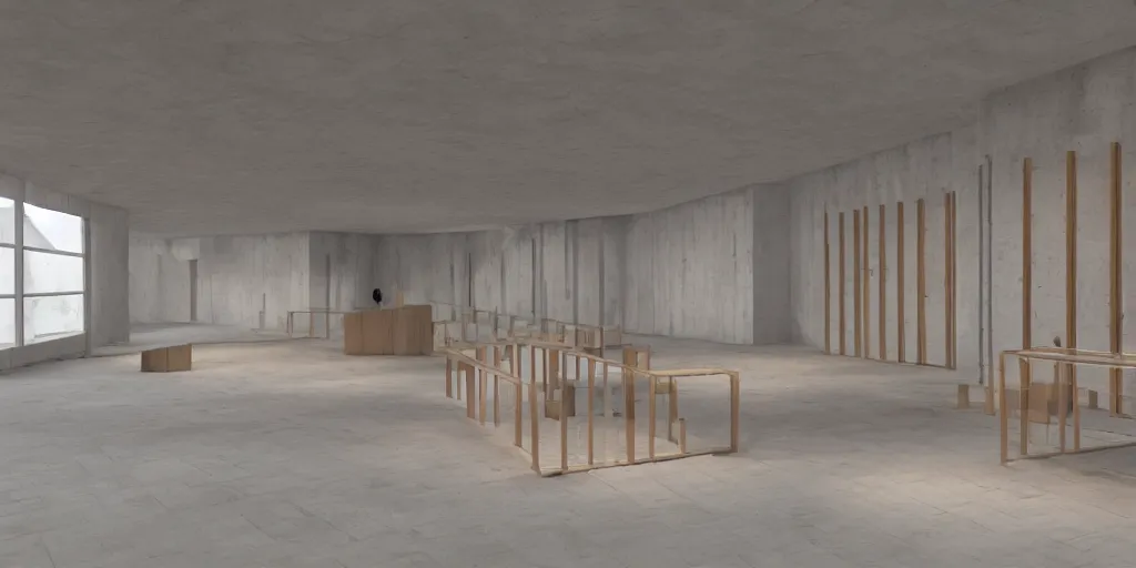 Prompt: a coloured 3 d octane model of a brutalism art gallery with wooden floor, highly detailed