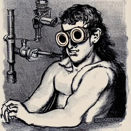 Prompt: Steampunk Mark Zuckerberg as a long haired medieval engineer wearing VR glasses while taking a bath at the Facebook headquarters, by Diego Velázquez