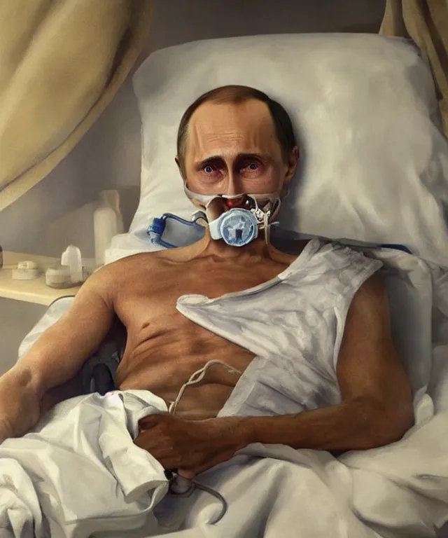 Image similar to a super very hyperrealistic oil painting of ill Vladimir Putin as a patient wearing an oxygen mask on a death bed inhaling from Copium tank that stand near his bed, visible face, artstation, matte painting, highly detailed, intricate, concept art, dramatic cinematic lighting