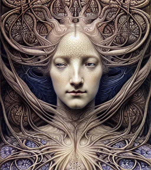 Image similar to detailed realistic beautiful goddess face portrait by jean delville, gustave dore, iris van herpen and marco mazzoni, art forms of nature by ernst haeckel, art nouveau, symbolist, visionary, gothic, neo - gothic, pre - raphaelite, fractal lace, intricate alien botanicals, ai biodiversity, surreality, hyperdetailed ultrasharp octane render