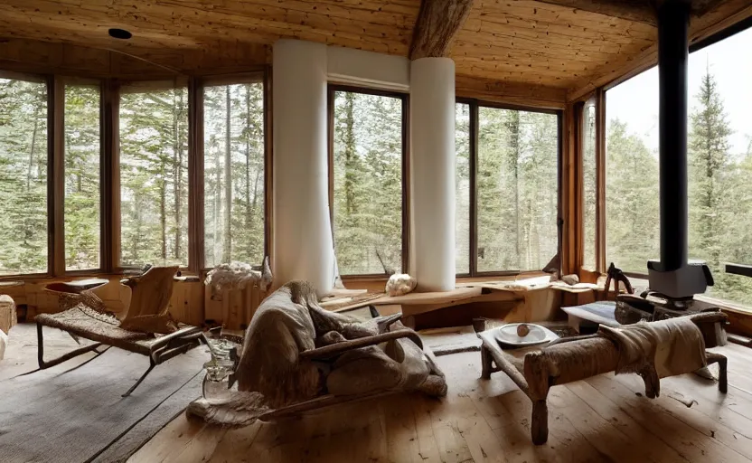 Image similar to rustic modernist cabin living room, large window with a view of a forest, white walls, oak wood timberwork, feng shui, fire place, bohemian, german style, cozy, swedish design