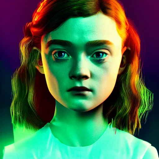 Image similar to Sadie Sink portrait, Cyberpunk 2077, ultra photorealistic, cybernetic body parts, neon, octane, bokeh, 8k