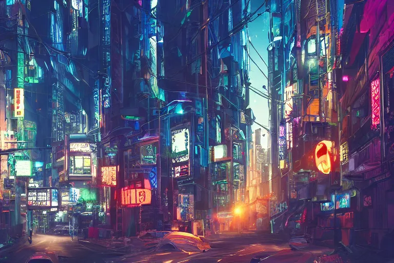 A beautiful eye-level view of a cyberpunk city street, Stable Diffusion