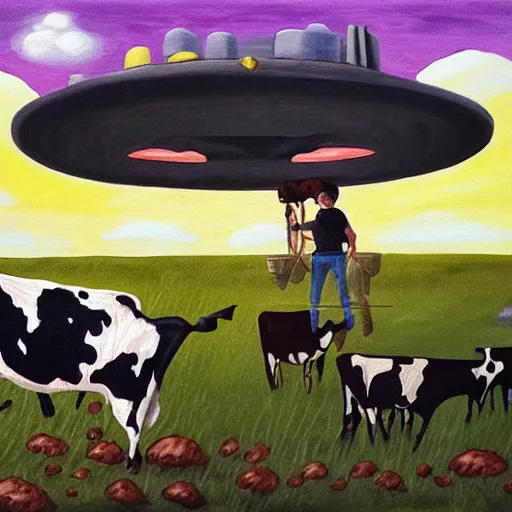 Image similar to a ufo stealing cows, painting