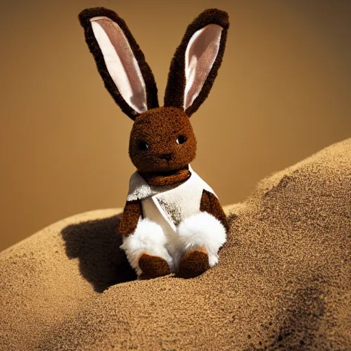 Image similar to a photo of a little brown bunny muppet plush wearing a cool ninja outfit and posed out in nature, photorealistic, photography, ambient occlusion, god rays, rtx, national geographic