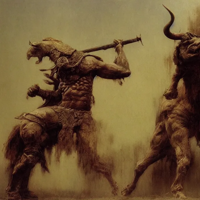 Image similar to minotaur warrior wearing ancient armor concept, beksinski, ruan jia