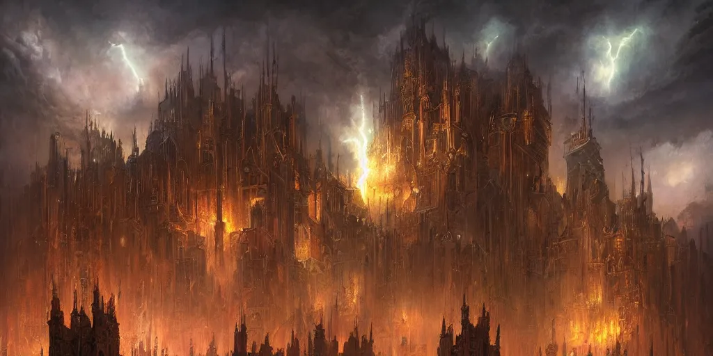 Prompt: tony diterlizzi and brom's beautiful painting of the planescape city of sigil, digital art, volumetric lightning, intricate details, by art germ, by greg rutkowski, vibrant colors, amazing fantasy art, clear sharp image, dehazed image