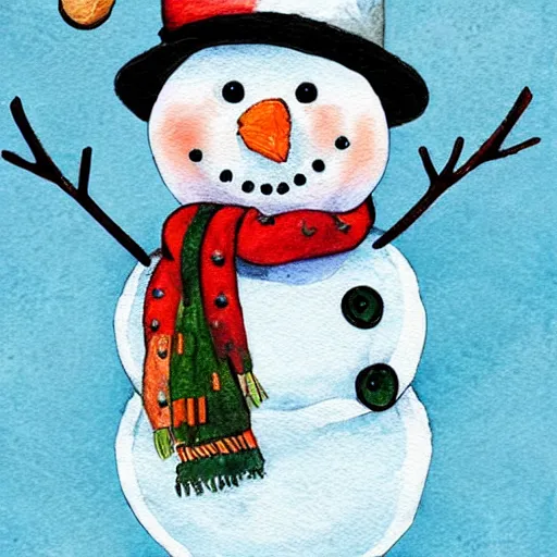 Prompt: snowman with carrot whimsical cute mixed media winter icon collage illustration in soft watercolor style, ice blue cold hues