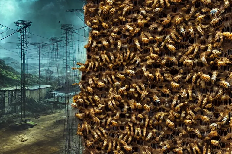 Image similar to favela jellyfish honeybee hive, wooded environment, industrial factory, horror, award winning art, epic dreamlike fantasy landscape, ultra realistic,