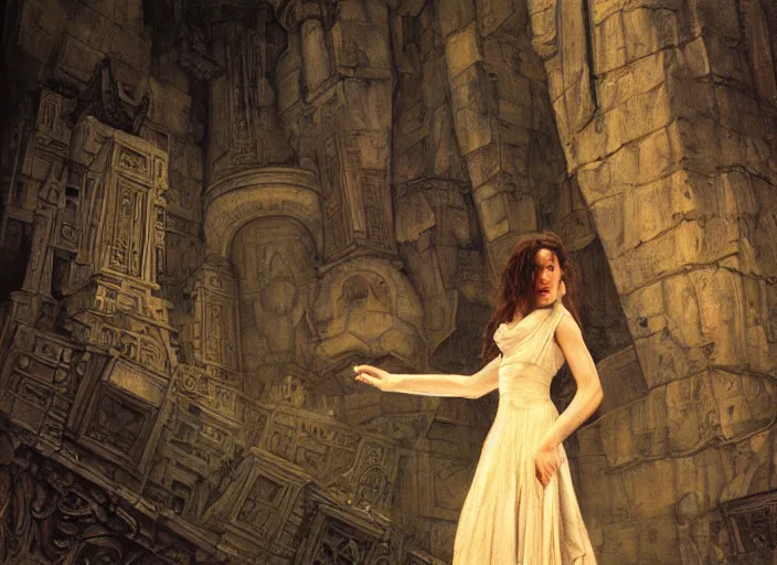 Image similar to jim henson's labyrinth. young jennifer connelly in a ballgown, is trapped in a dark shadowed oubliette made of stone. by edgar maxence and caravaggio and michael whelan and delacroix style, artistic, intricate painting, cinematic lighting, hyper realistic, extremely detailed, vivid colors, establishing shot, dramatic lighting