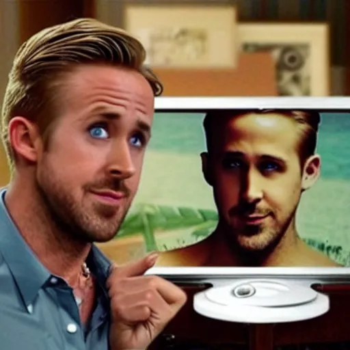 Prompt: Photo of Ryan Gosling feeding an image of Ryan Gosling on a TV some cereal! Its the Ryan Gosling meme haha!