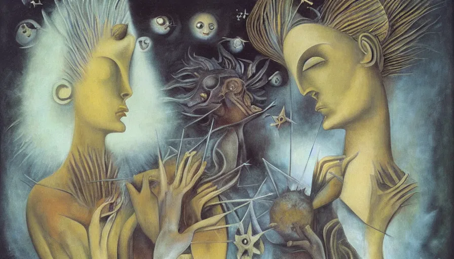 Prompt: surrealist otherworldly beautiful painting by Remedios Varo, Leonora Carrington, Leonor Fini, Jane Graverol, Marion Elizabeth Adnams, Edith Rimmington, Bridget Tichenor, high quality, high resolution, artistic wallpaper