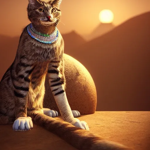 Image similar to egyptian cat, golden hour, fantasy, sharp focus, digital art, hyper realistic, 4 k, unreal engine, highly detailed, hd, dramatic lighting by brom, trending on artstation