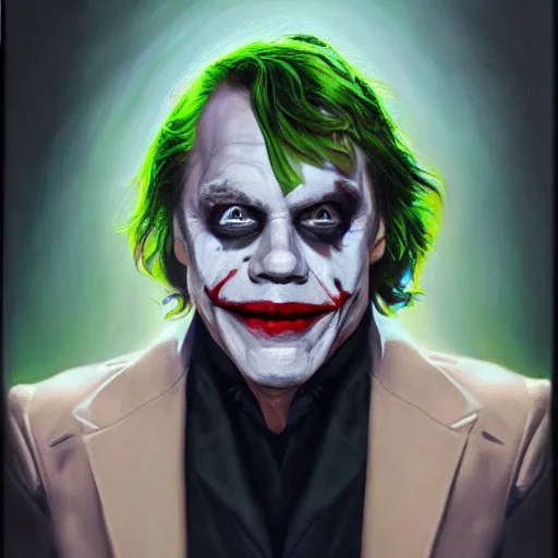 Image similar to oil painting portrait of mark hamill. the joker, jeri robes. artgerm, artstation, highly detailed, portrait