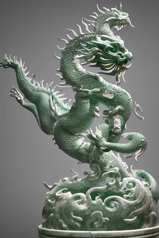 Prompt: a chinese dragon carved from translucent jade, dynamic pose standing on a marble pedestal, intricate details, intricate textures, warm lighting, vivid colors, smoke and mist, realistic octane render, hyper realistic render, volumetric shading, depth of field, raytracing, 8 k,