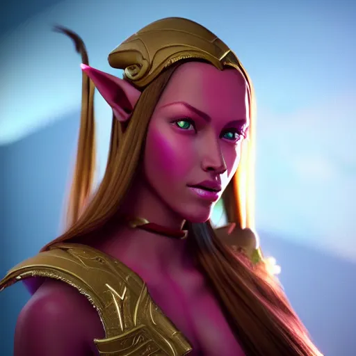 Prompt: portrait of a beautiful female high elf with tan skin, magenta eyey, dark skin. 3 d octane render trending on art station 8 k