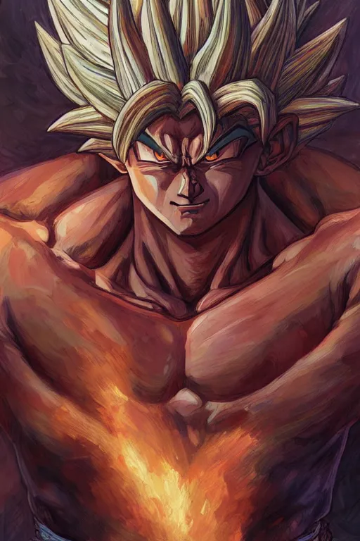 Image similar to portrait of goku as a herculian demon man, forest, full body, muscular, fantasy, intricate, elegant, highly detailed, digital painting, artstation, concept art, sharp focus, illustration, art by artgerm and greg rutkowski and alphonse mucha