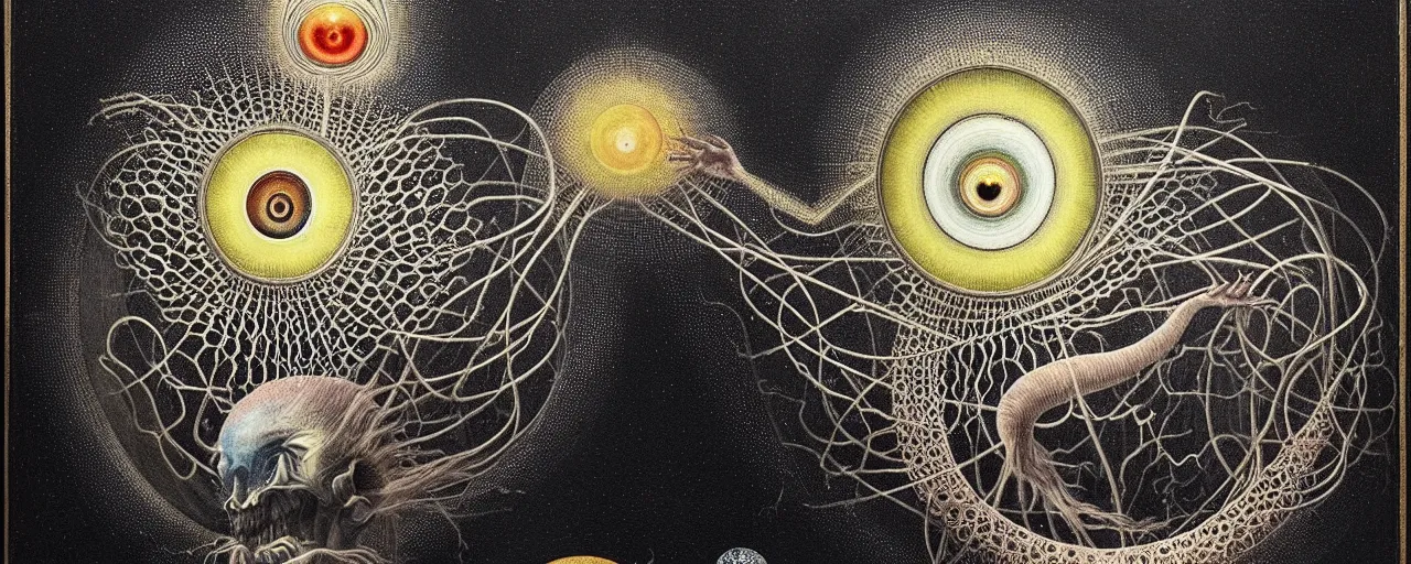 Image similar to a strange earth creature with endearing eyes radiates a unique canto'as above so below'while being ignited by the spirit of haeckel and robert fludd, breakthrough is iminent, glory be to the magic within, in honor of saturn, painted by ronny khalil