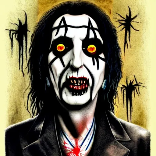 Image similar to graphic illustration, creative design, alice cooper as marilyn manson, biopunk, francis bacon, highly detailed, hunter s thompson, concept art, mixed media