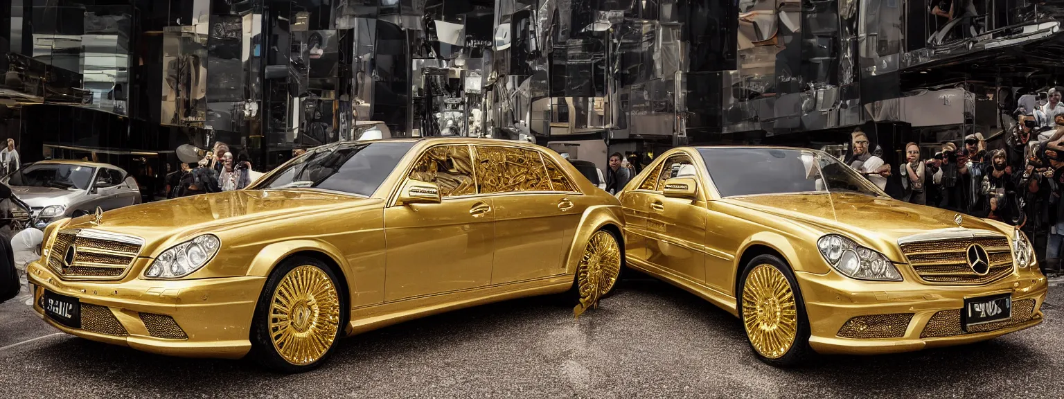 Image similar to photography a very luxurious, golden mercedes studded with diamonds, premium,