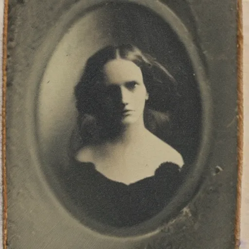 Image similar to antique photograph of a beautiful woman, cracked and faded photo paper, staring at the camera, headshot, dark background, 1 8 5 0, low light, dark, monsters in the backgroud 4 k